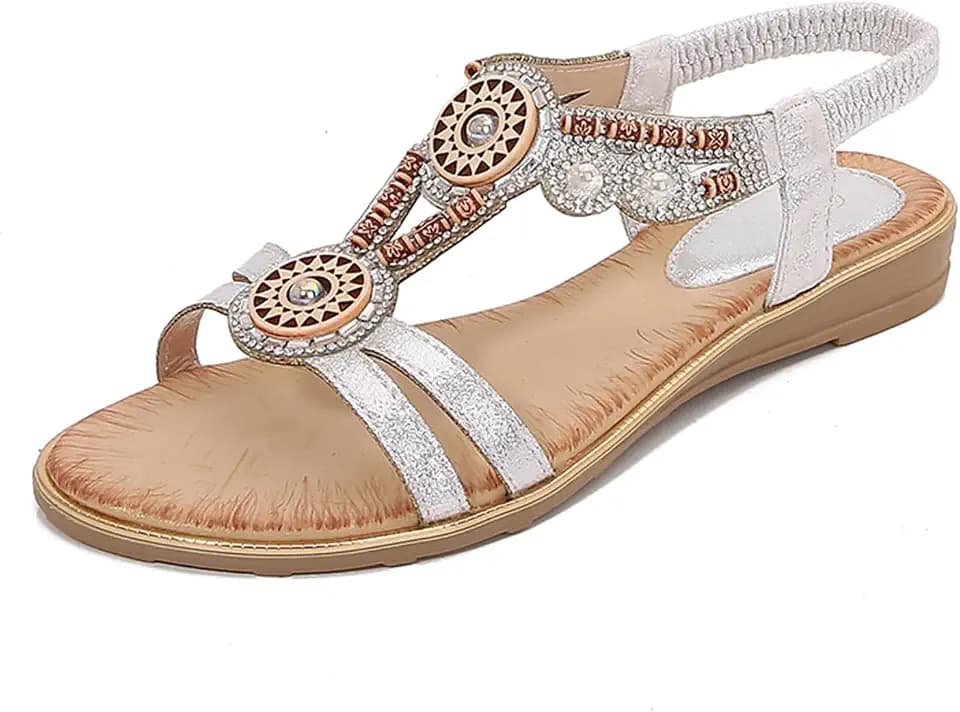 Women's Comfort Dressy Rhinestone Summer Beach Sandals Slip-on Flat Walking Sandals with Elastic Back Strap