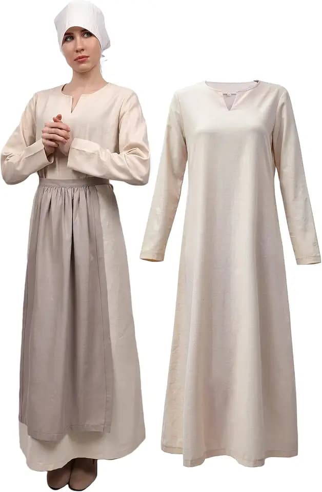 FURPHI Medieval Linen Underdress for Women Renaissance Long Sleeve Tunic Dress Biblical Peasant Costume