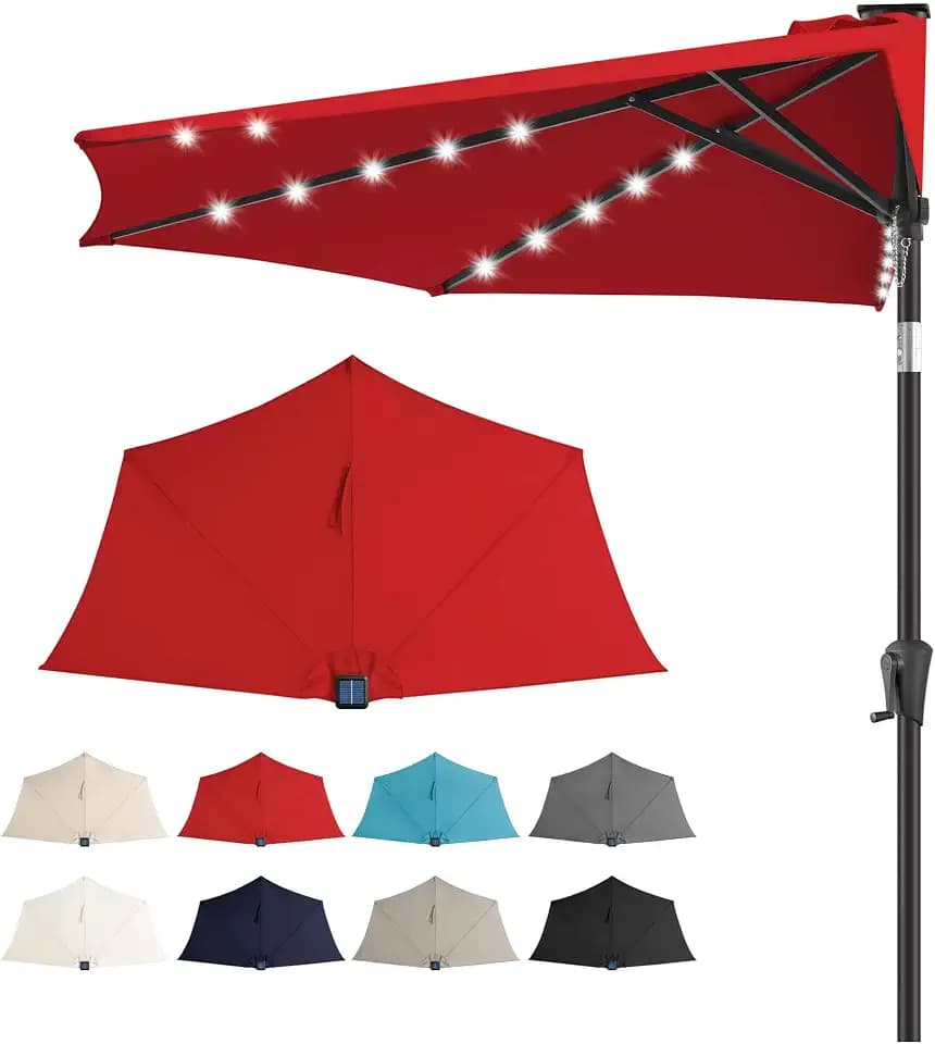 9 ft Half Patio Umbrella Solar with Push Button Tilt, Red