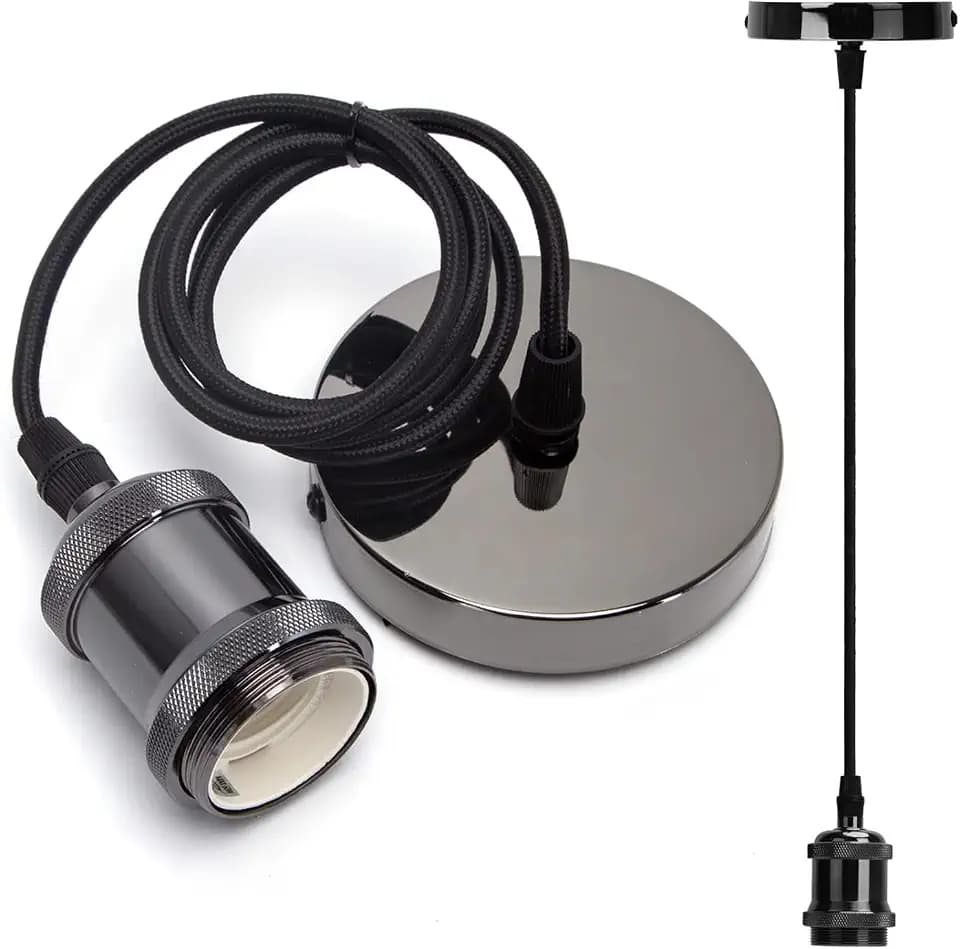 Aigostar Metall E27 Vintage Lampenfassung,E27 Retro Lampenaufhängung mit Kabel,Vintage Pendelleuchte mit Deckenhalterung,1m Kabel,Schwarz(1)