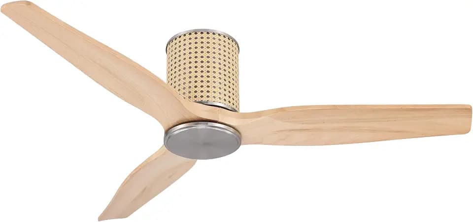 LEDLUX 48" Ceiling Fan No Light - Low Profile Flush Mount Ceiling Fan, 6-Speed Remote Control, Solid Wood, Quiet Reversible DC Motor, Wood/Silver Finish, for Bedroom, Living Room, Porch