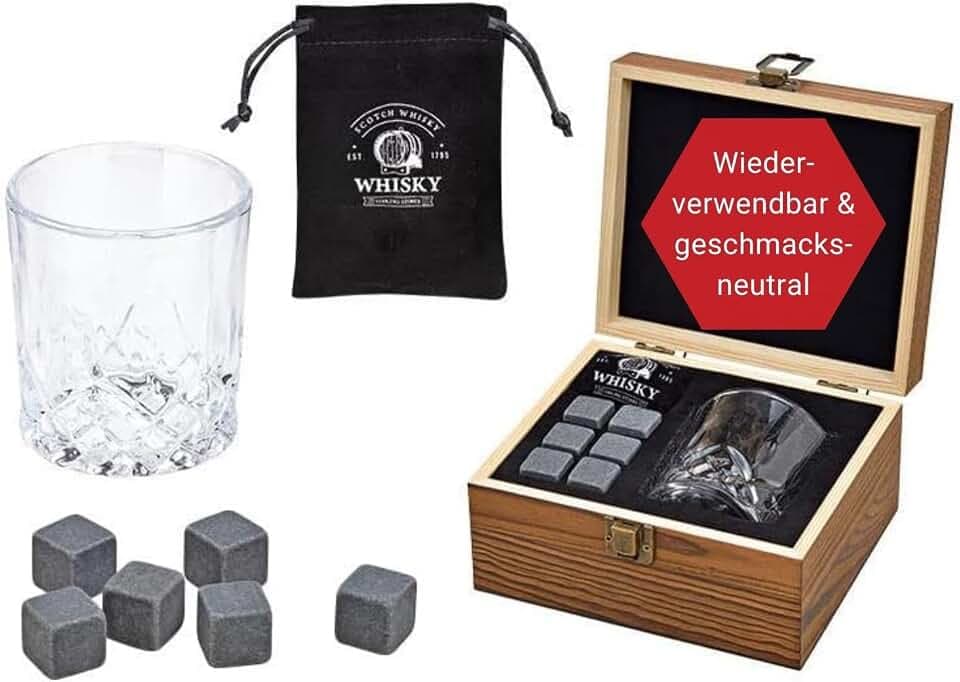 WOMA Whisky Steine Set I 6 Kühlwürfel aus Basalt inkl. Whiskey Glas & hochwertiger Holzbox I Wiederverwendbare Eiswürfel für Whiskey Wodka Gin Rum Tequila & Cocktails