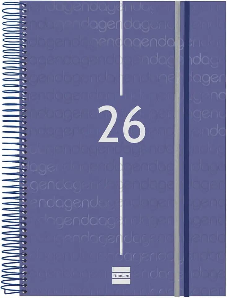 Finocam - Spiralkalender 2026, 1 Tag pro Seite, Januar - Dezember (12 Monate), A4-Jahresplaner 2026, mit Gummizug, Einband aus Polypropylen, Spiralbindung, Blau, Katalanisch