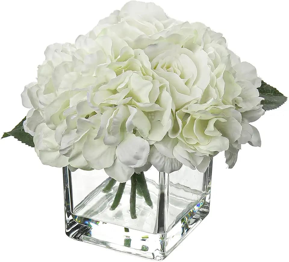 Fake Flowers with Vase Hydrangea Artificial Flowers in Vase Peony Faux Flowers in Vase Rose Silk Flowers Peonies Floral Arrangements Artificial with Vase for Home Bathroom Office Table Shelf Decor