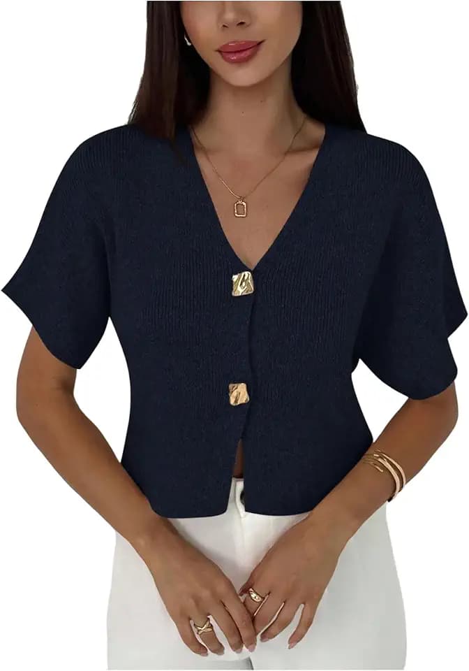 SOLY HUX Women's Short Sleeve V Neck Cardigan Sweater