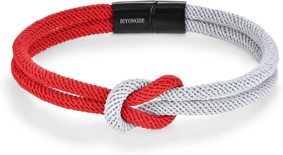 Mens Two-tone Nautical Love Knot Rope Bracelet, Contrast Color Double Row with Sleek Stainless Steel Black Clasp, Friendship Forever Love Rope Bracelet, Minimalist and Nautical Style