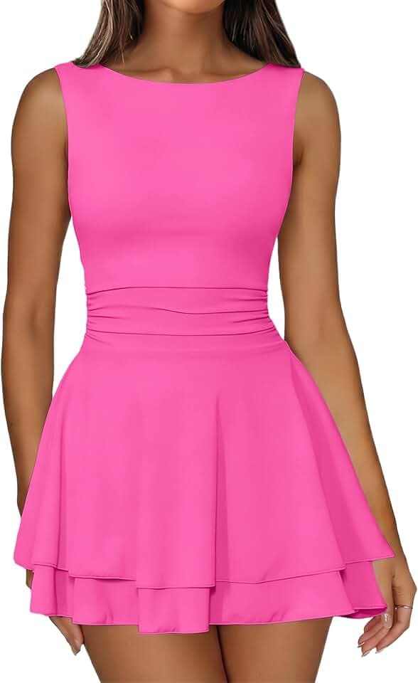 IWD Women's Boat Neck Sleeveless Mini Dress Tiered Ruffle Hem Party Dresses