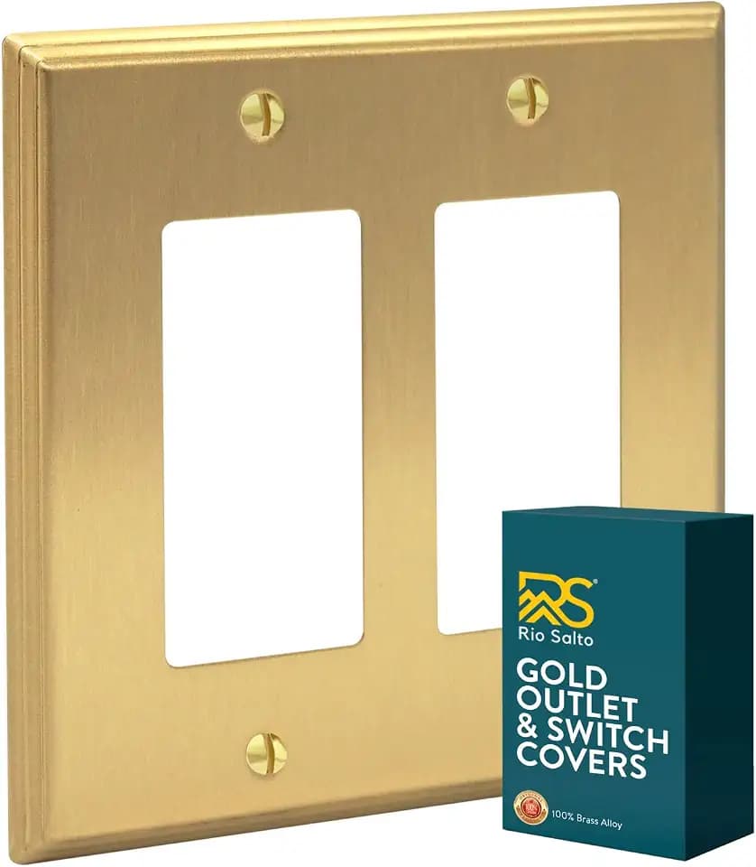 Rio Salto BRASS Rocker Light Switch Cover Plate Double Rocker 2 Gang Decorator Paddle GFCI Outlet Covers Brushed Brass Gold Metal Decorative Wall Plates — Deco Collection, Midsize, 5.00" X 4.94"