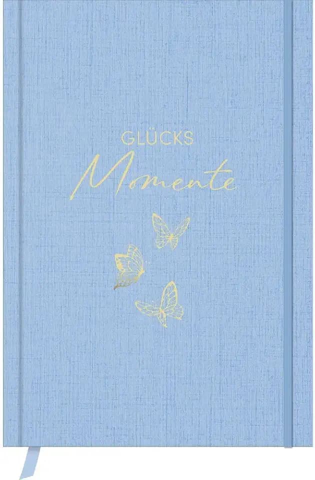 Glücksmomente Azur: Notizbuch, Ausfüllbuch mit Goldveredelung, Lesebändchen, Zetteltasche und Gummiband, A5, liniert, 200 Seiten - SchreibLiebe