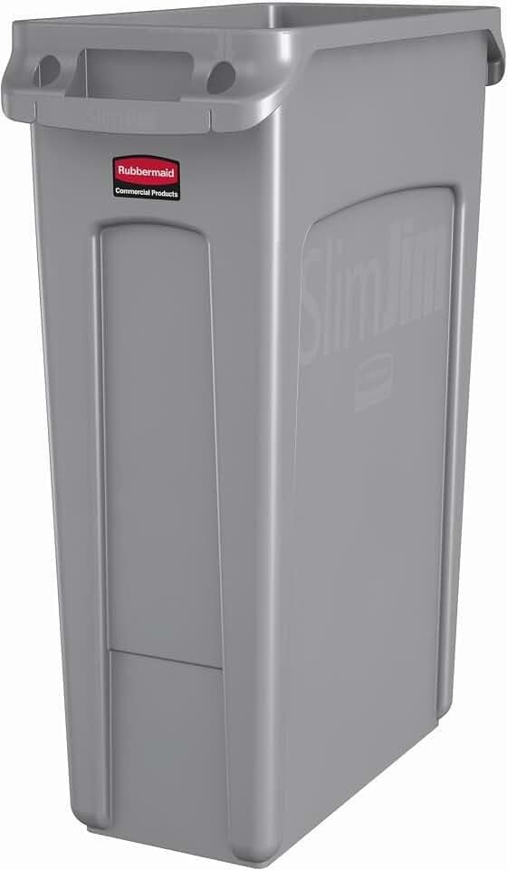 Rubbermaid Commercial Products Slim Jim Plastic Rectangular Trash/Garbage Can with Venting Channels, 23 Gallon, Gray