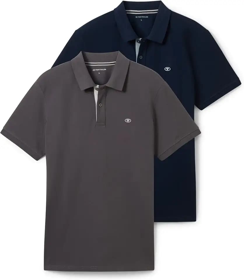 Tom Tailor Herren Doppelpack Poloshirt Basic mit Logo Print