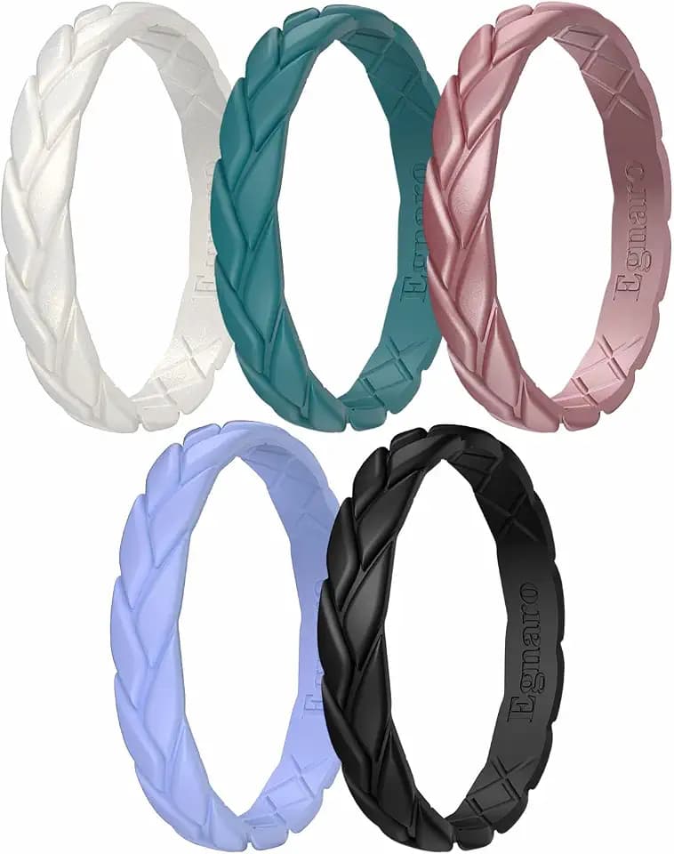 Egnaro Women's Silicone Stackable Rings 3.5mm Wide 2mm Thick, Flexible Rubber Wedding Bands Leaf Braided Design Breathable Grooves For Gym Workout