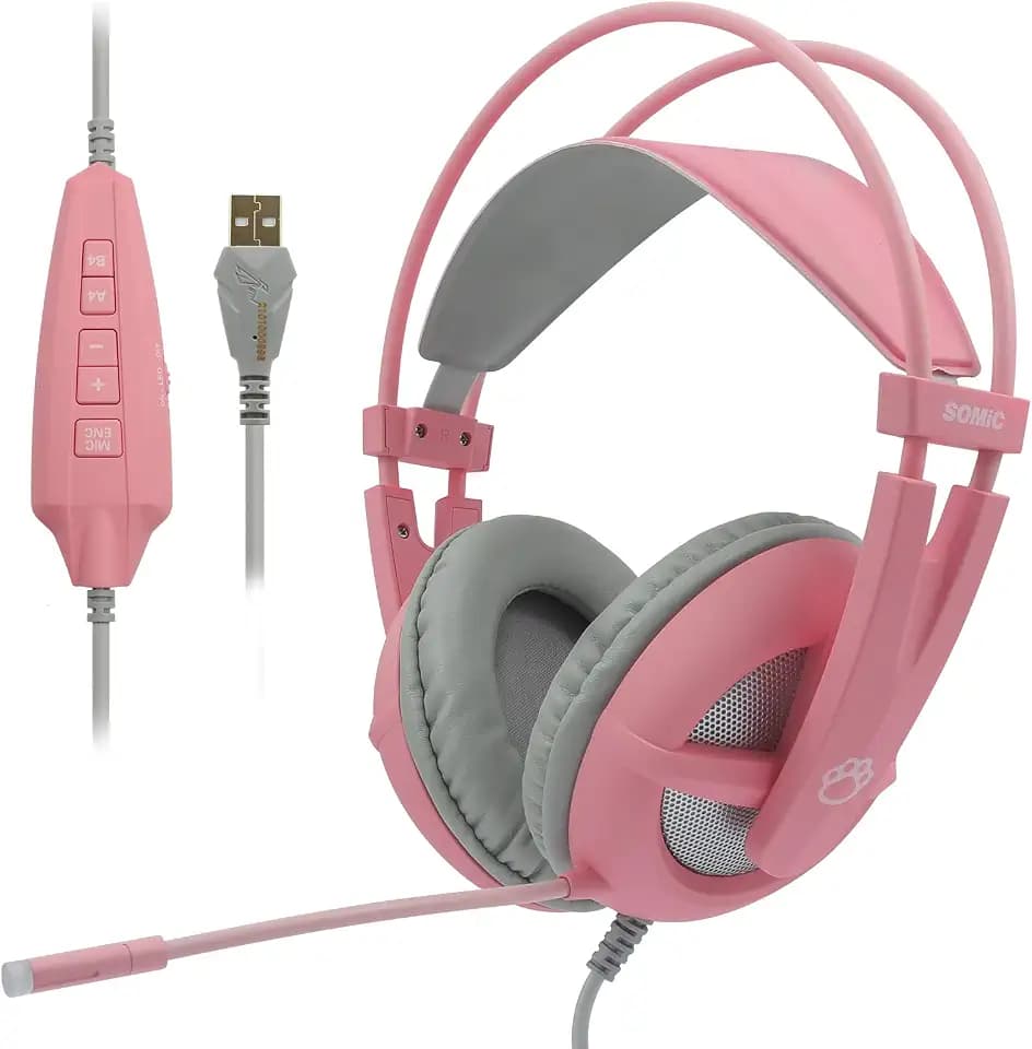 SOMIC G238 Gaming Headset 7.1 Surround Sound for PC, Laptop, Over Ear Wired Headphone with Mic, On Ear Volume Control, Pink