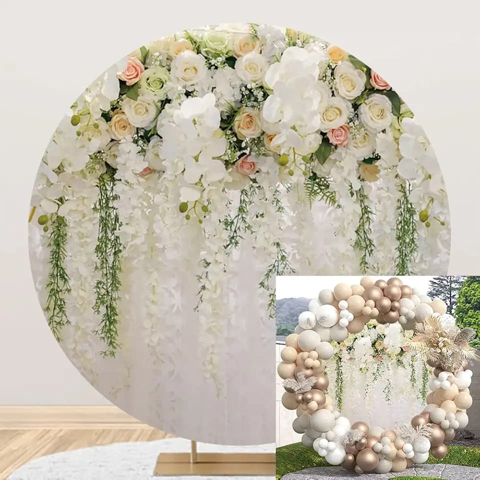 Leyiyi 6x6ft Wedding Round Backdrop Cover Bridal Shower Wedding Floral Wall Backdrop White and Green Wisteria Rose Flowers Photography Background Birthday Party Dessert Table Decoration Banner
