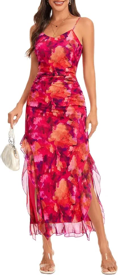 DRESSTELLS Women's Summer Floral Wedding Guest Spaghetti Strap Maxi Long Mesh Ruched Slit Beach Dress