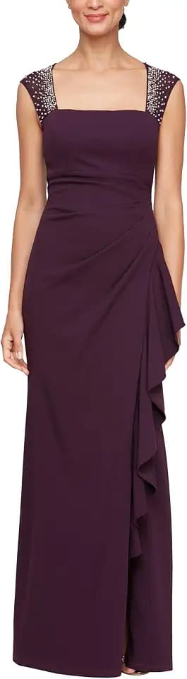 Alex Evenings Women's Long Cascade Ruffle Sleeveless Gown with Leg Slit, Mother of The Bride Dress, Elegant Party Gown