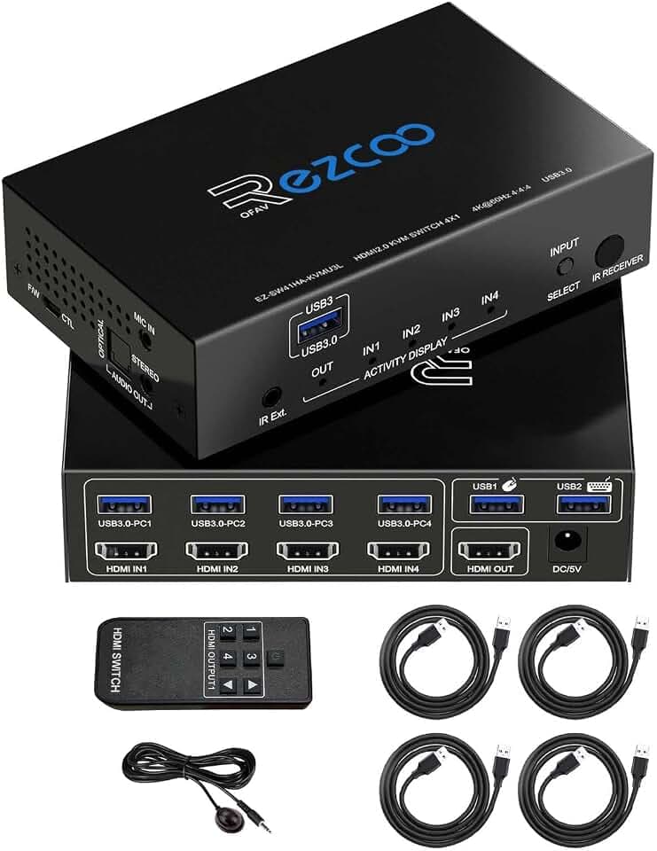 KVM Switch HDMI USB 3.0 4 Ports with Hotkey 4K 60Hz 18Gbps Share 4 Computers with one Keyboard Mous HDR D-olby Vision HDCP2.2 Remote Control