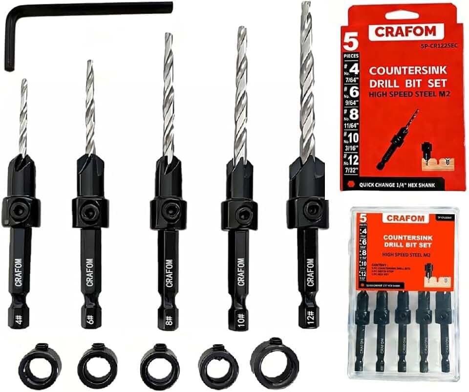 Countersink Drill Bit Set, 5 PCs Counter Sink Drill Bit Adjustable, #4, #6, #8, #10, #12, M2 High Speed Steel,1/4” Hex Shank, 5 PCs Depth Stop,1 PC Hex Key, Storage Box, Ideal for Woodworking