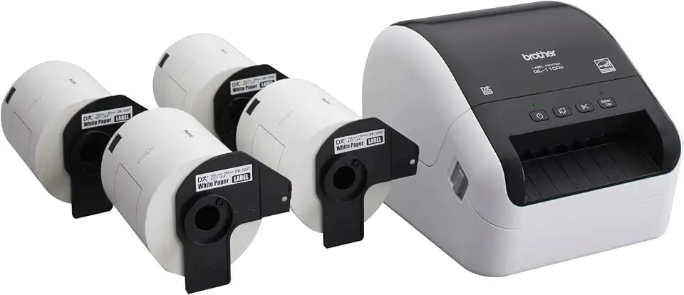 Brother QL-1100c Bundle, Wide Format Label Printer, Prints Postage Labels, Barcode & QR Code, USB Connectivity, Plus 4 Rolls of Genuine DK Label Tapes DK-1247 4.07” x 6.4” Die-Cut Shipping Labels