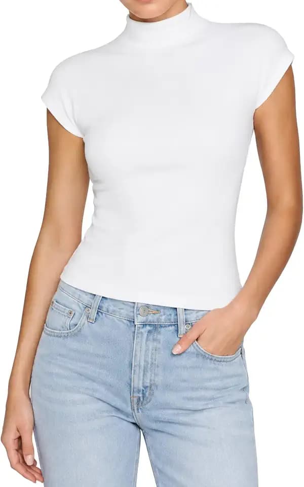 Sunzel Women's Lyocell High Neck Short Sleeve Fitted Top for Going Out