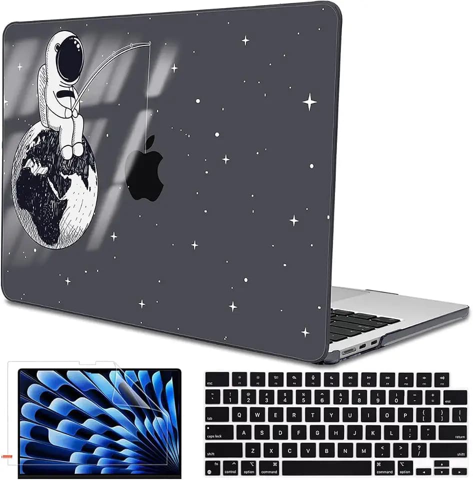 for 2022 2023 2024 2025 2026 MacBook Air 13 inch Case M5 A3449 M4 A3240 M3 A3113 M2 A2681 Cover, Glitter Black Printed Pattern Plastic Hard Shell Case for Mac Air 13 M5 2026, Astronaut Earth