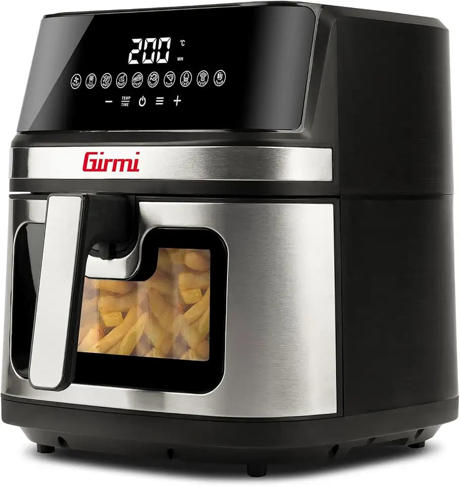 Girmi FG80 Heißluftfritteuse 8 Liter, 2200 W, Digitalanzeige, 10 Programme, 8-Liter-Kapazität, Metall-Garraum, Doppelheizung, Rezeptbuch enthalten, Schwarz/Edelstahl