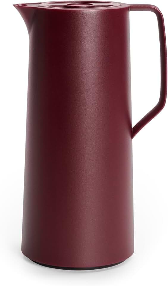 Emsa Motiva Isolierkanne, 1 Liter, Quick-Press-Verschluss, 12h heiß, 24h kalt, Glaskolben, Made in Germany, Nordisches Design, weinrot, N41702