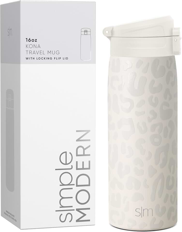 Simple Modern Thermobecher Kaffeebecher to go mit Schnappdeckel | Isolierbecher Edelstahl | Geschenke für Frauen und Männer | Kona | 470ml | Cream Leopard