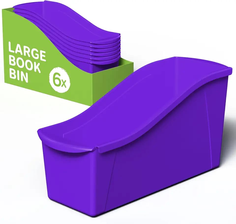 Storex Large Book Bin, Interlocking Plastic Organizer for Home, Office and Classroom, Purple, 6-Pack (71117U06C)