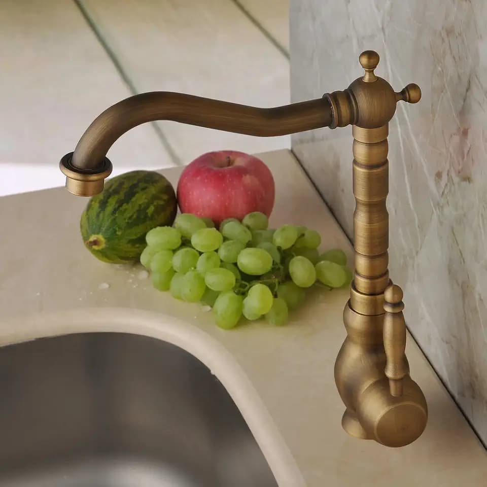 Küchen/Badezimmer-Armatur im antiken Stil, massives Messing, einzigartiges Design, langer und gebogener Auslauf, Mischarmaturen