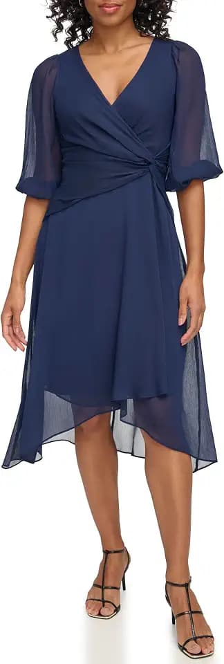 DKNY Women's 3/4 Balloon Sleeve Twist Front Chiffon Midi Dress