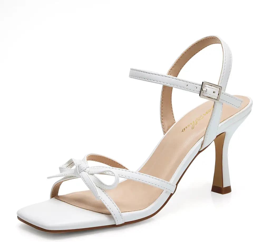 GENSHUO Women's Square Toe Strappy Heeled Sandals with Bow, Buckle Ankle Strap Slingback, 3 Inch Kitten Heel for Casual Party Wedding Vacation