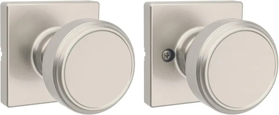 Kwikset Maven Interior Passage Door Knob, Handle for Closet and Hallway Doors, Square Non-Locking Doorknob in Satin Nickel, with Microban Protection