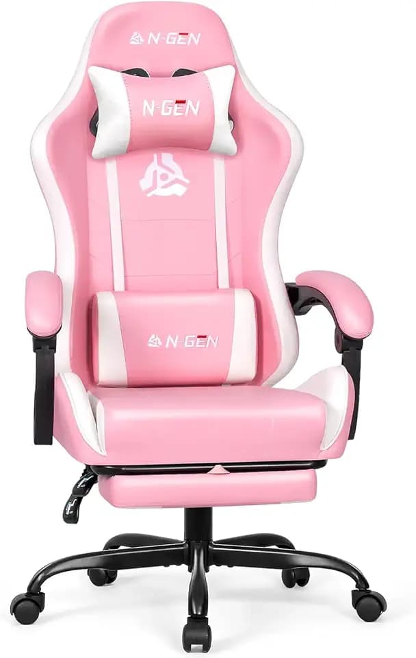 N-GEN GAMING Gaming Chair with Footrest, Lumbar, High-Back, Pink White