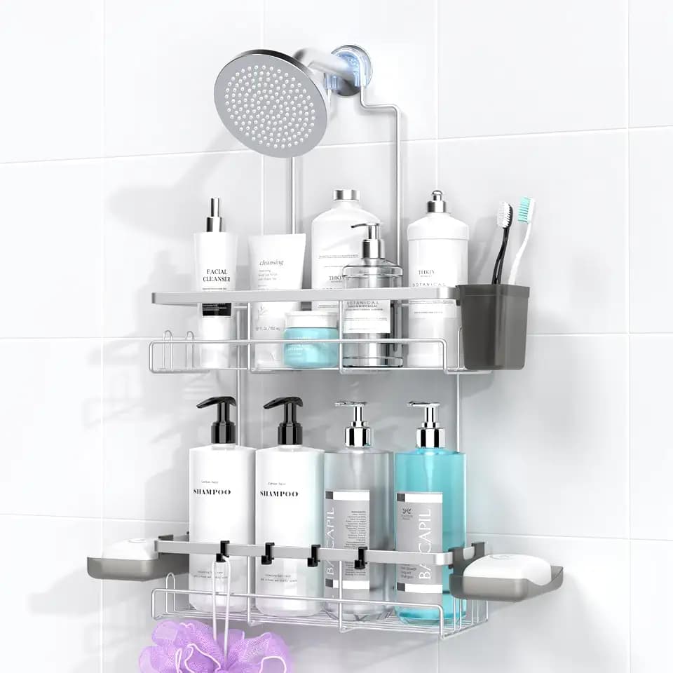 Hanging Shower Caddy Over Showerhead - Rustproof No Drill Shower Organizer