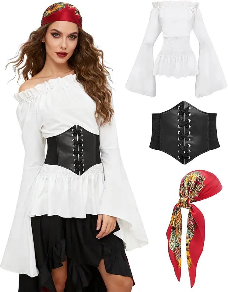 Women's Pirate Costumes Outfit with Accessories Renaissance Shirt Top Corset Belt Head Scarf
