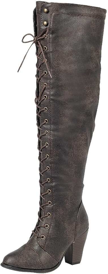 Forever Women's Chunky Heel Lace Up Over-The-Knee High Riding Boots,Brown,8.5