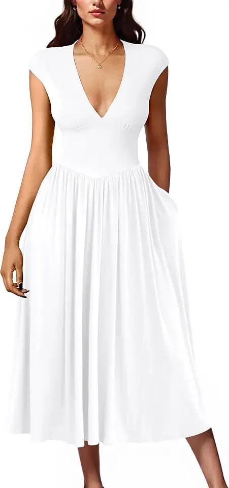 YMDUCH Women's Casual V Neck Cap Sleeve Midi Dress with Pockets