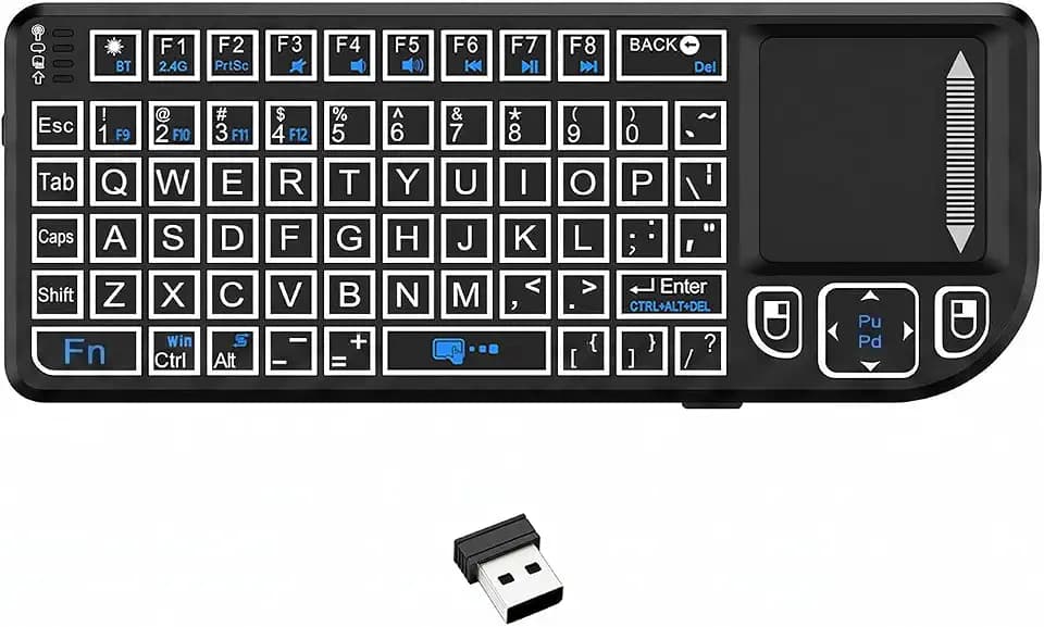 Mini Wireless Bluetooth Keyboard with Touchpad, 2.4G + Bluetooth Dual Mode 7-Color Backlit, Rechargeable and Compact for iPad, Mac, Windows & Android. Ideal for Travel, Office and Home Use (Black).