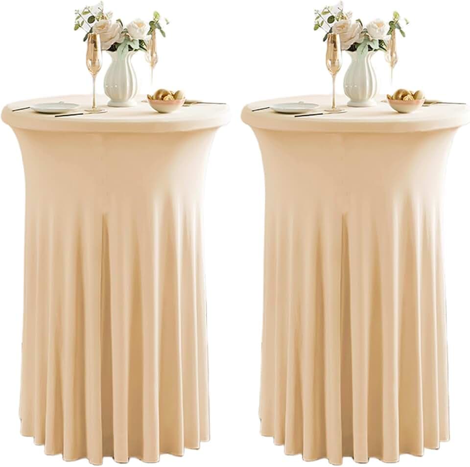 Qubjus 2 Pack Round Cocktail Table Covers with Skirt Stretch Spandex Tablecloth 24"x43" Cocktail Round Tablecloth for Party Wedding Birthday Banquet, Champagne
