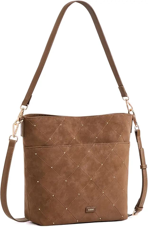 S-ZONE Faux Suede Purses for Women, Bucket Handbag Crossbody Bag 2 Straps