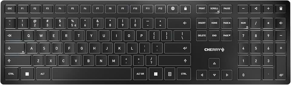 CHERRY KW 9100 SLIM, kabellose Tastatur, US-Internationales Layout, QWERTY Tastatur, wahlweise Bluetooth- oder Funkverbindung, SX Scherenmechanik, wiederaufladbar über USB-Kabel, flach, Schwarz-silber