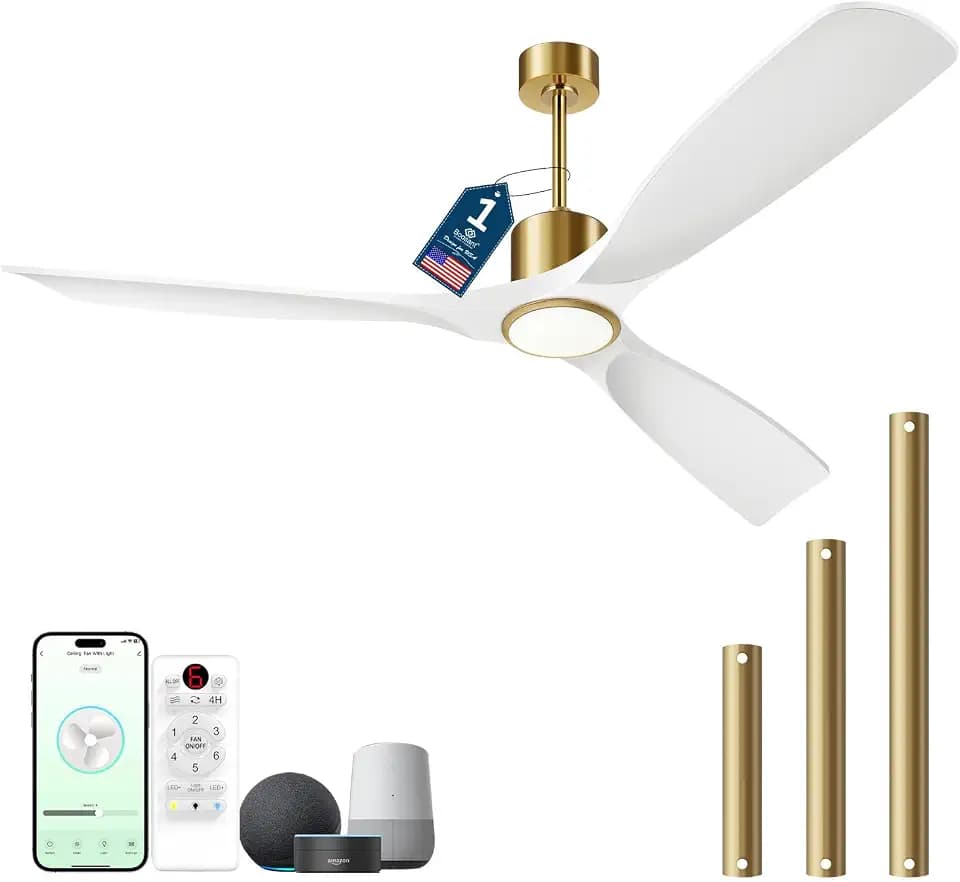 60" Ceiling Fan with Lights,Outdoor Wood Ceiling Fan Work Smart with Alexa/App/Remote,3-Color Light 6-Speed Quiet Reversible DC Motor for Patio Porch,White and Gold