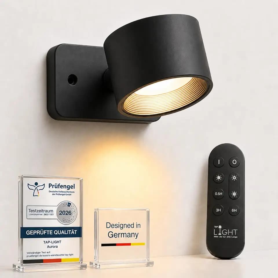 Die Preisgekrönte Tap-Light® Aurora Premium Wandleuchte LED - Fernbedienung & 360° Magnethalterung - Dimmbar 3 Lichtfarben - Kabellos Ohne Bohren für Bett Sofa Treppe - Schwarz