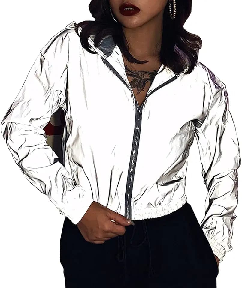 NewL Damen Reflektierender Hoodie Reißverschluss Kapuze Windbreaker Jacke Langarm