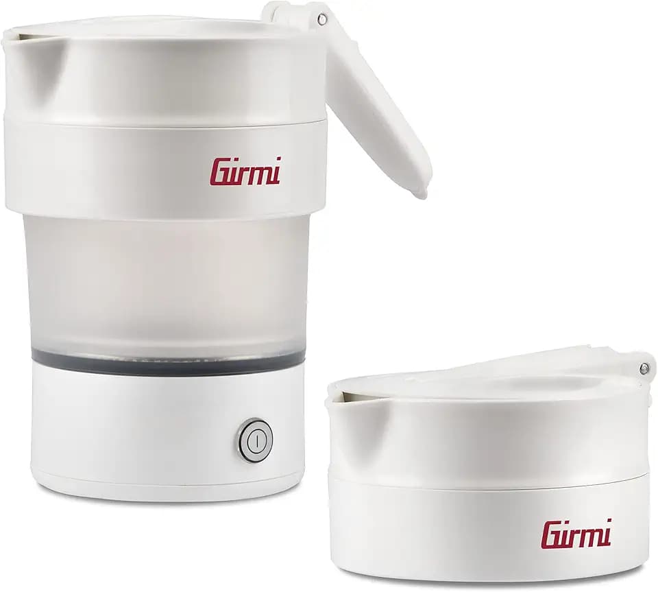 Girmi BL03 Zusammenklappbarer Reise-Wasserkocher, Silikonkrug, 0,6 Liter Fassungsvermögen, 600 W, Platzsparend, BPA-frei, Abnehmbares Kabel, Weiß