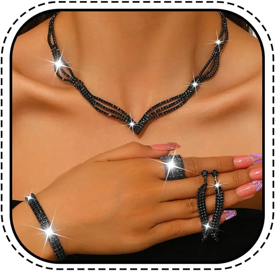 Unicra Rhinestone Bridal Wedding Jewelry Sets Black Necklace Earrings Bracelet Ring Set Prom Formal Costume Jewelry Set for Women and Brides