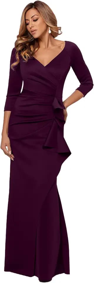 Xscape Women's Floor Length V-Neck Bodycon Evening Gown with 3/4 Sleeves, Rushing, & Ruffle Detail