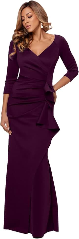 Xscape Women's Floor Length V-Neck Bodycon Evening Gown with 3/4 Sleeves, Rushing, & Ruffle Detail, Plum, 16