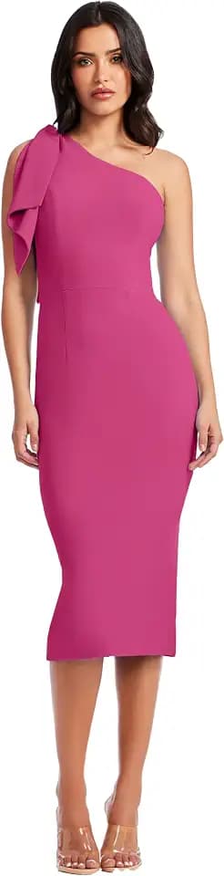 Dress the Population Womens Tiffany One Shoulder Bow Detail Midi Sheath Dress